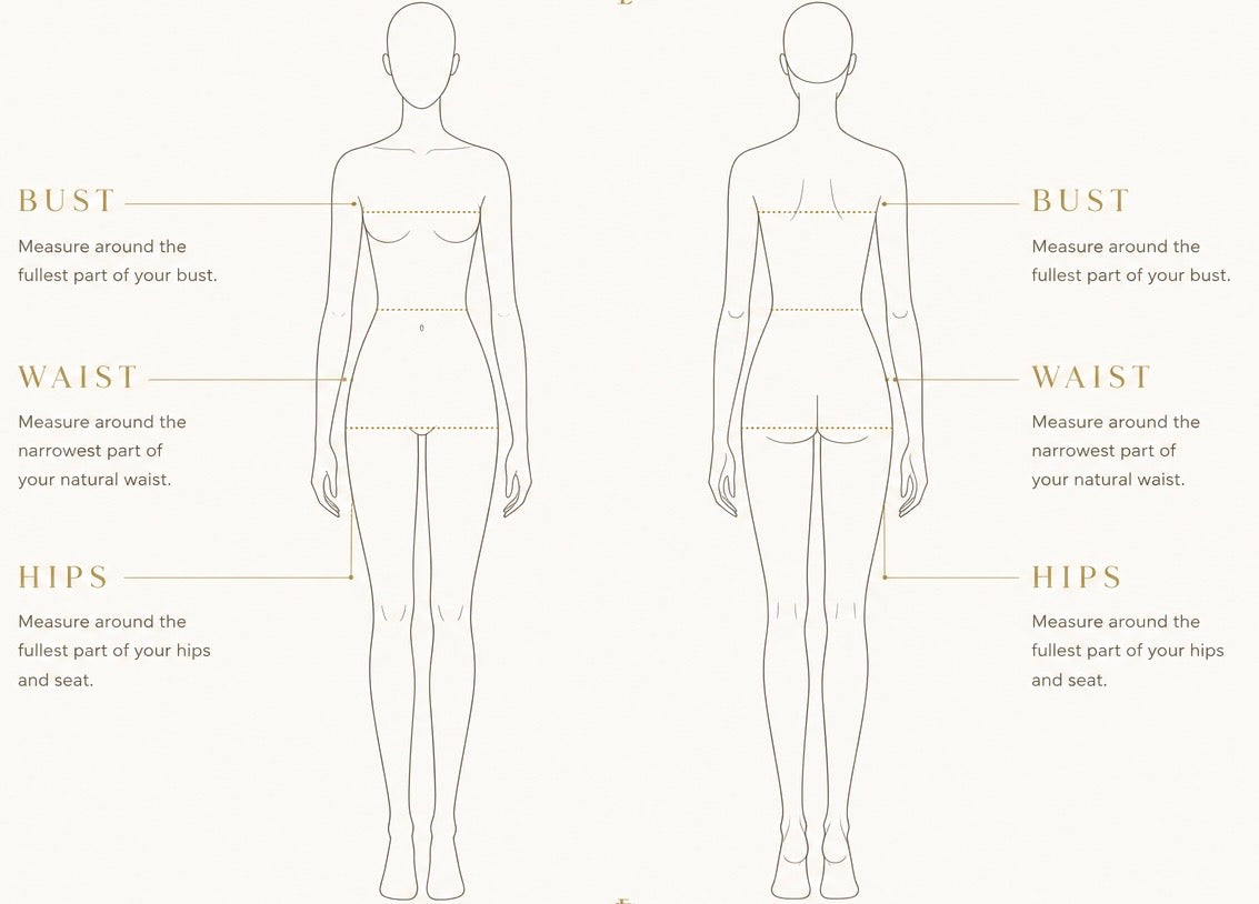 Body measurement diagram showing bust, waist and hip measuring points